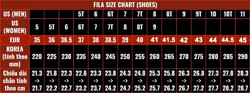 Cập nhật mới nhất: Bảng size giày Fila Hàn Quốc cho trẻ em nam nữ